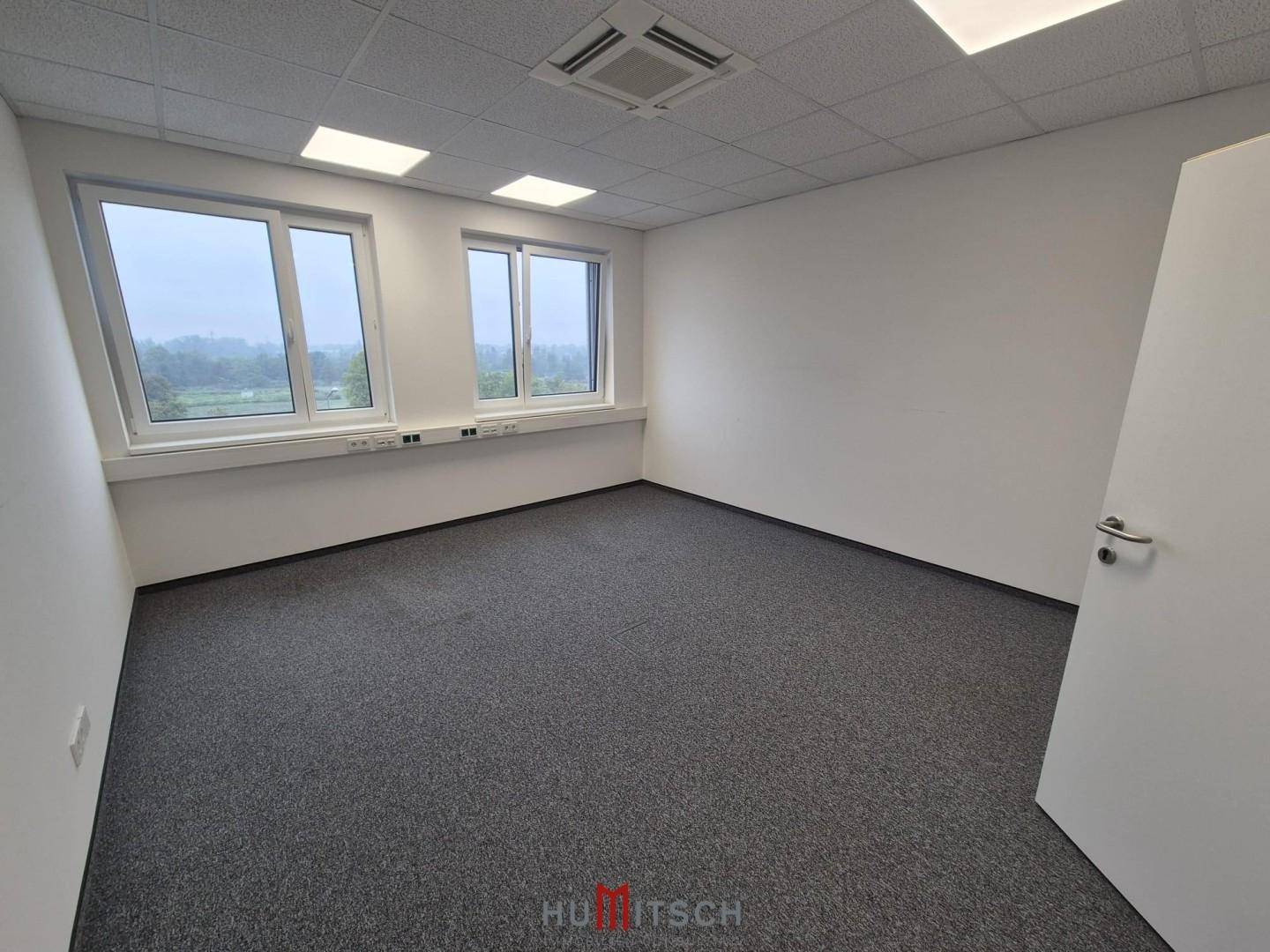 Großes, helles Büro mit Teppichboden, zwei Fenstern und einer modernen Tür, bereit zur individuellen Gestaltung.