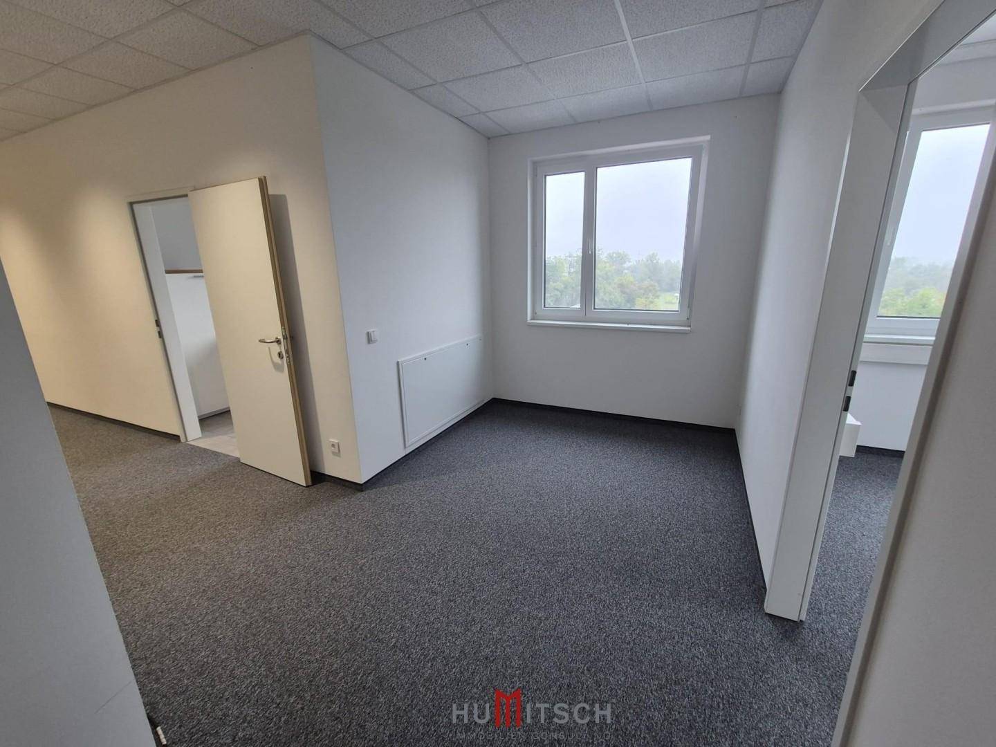 Leeres Büro mit Teppichboden, einem Fenster und einer Tür, die zu einem weiteren Raum führt, in einem modernen Gebäude.