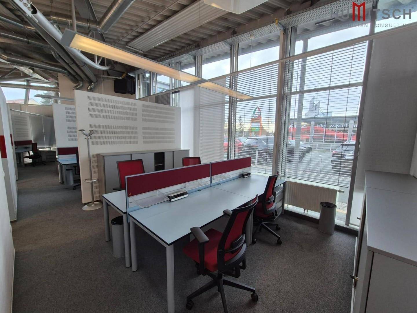 Offener Bürobereich mit mehreren Arbeitsplätzen, Teppichboden und großen Fenstern mit Jalousien.