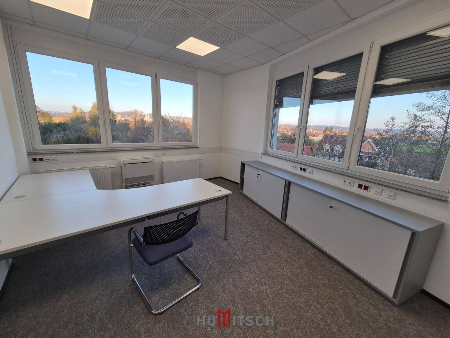 Modernes Büro mit Teppichboden, integrierten Schränken und Jalousien an den Fenstern für Privatsphäre.