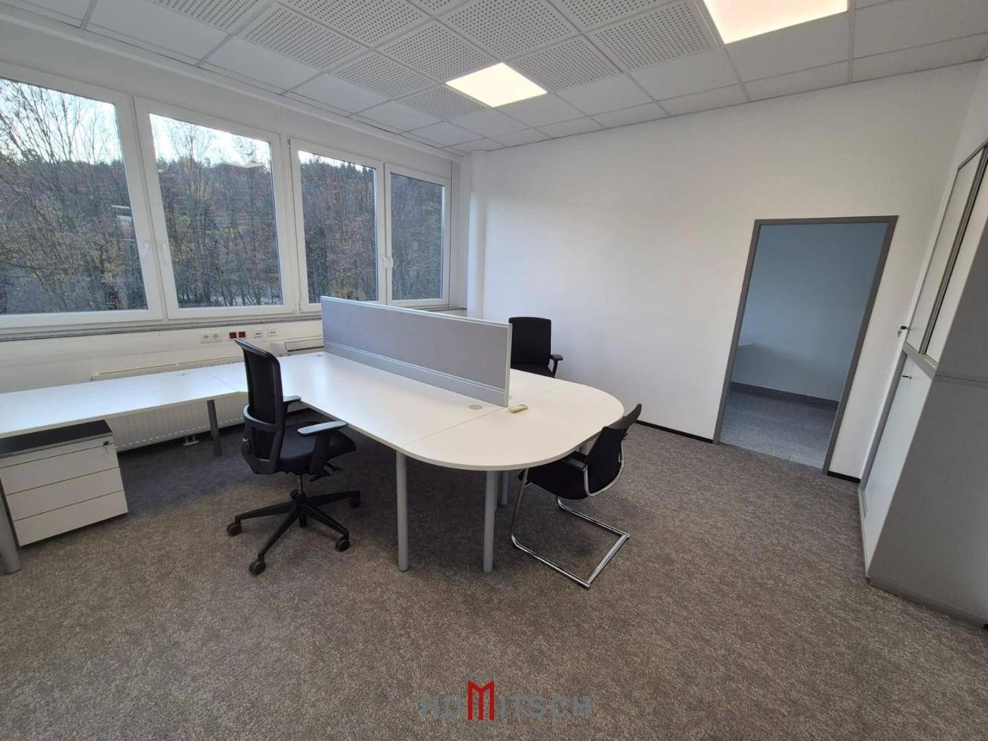 Geräumiges Büro mit Teppichboden, mehreren Arbeitsplätzen und viel Tageslicht durch die Fenster.