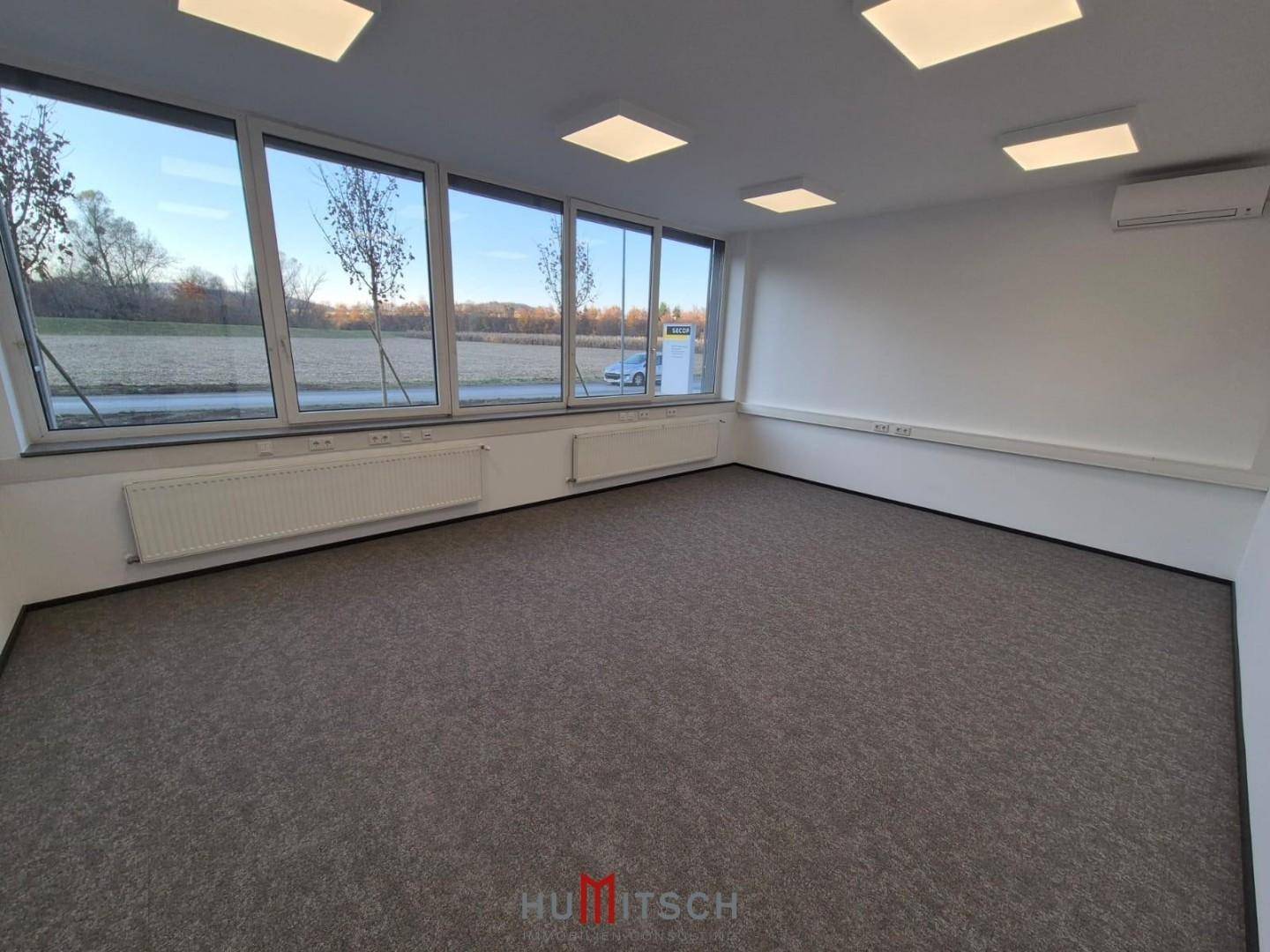 Helles Büro mit Teppichboden, großen Fenstern und Blick auf die Straße und umliegende Landschaft.