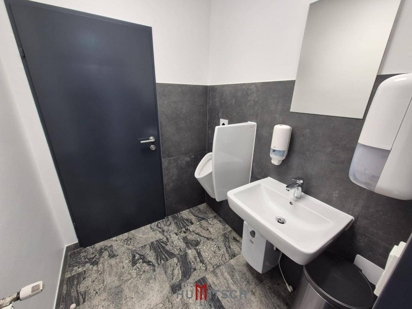 Moderner Toilettenraum mit Waschbecken, Spiegel und dunklen Fliesen an Boden und Wand.