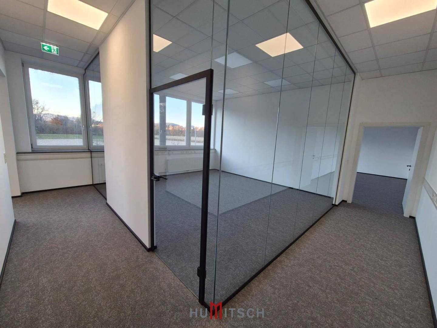 Modernes Büro mit Teppichboden und Glaswänden, die separate Arbeitsbereiche schaffen und viel Licht hereinlassen.