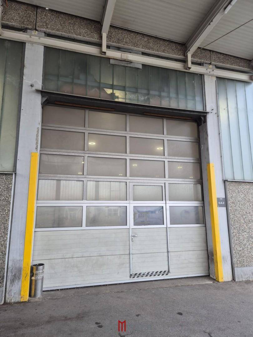 Außenansicht eines großen Sektionaltors mit Fenstern und gelben Schutzpfosten, ideal für LKW-Zufahrt.