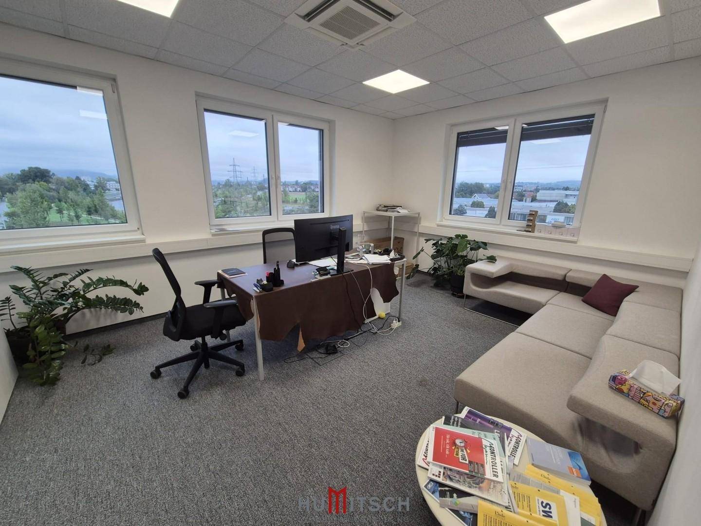 Einzelbüro mit einem Schreibtisch, einem Sofa und Pflanzen für eine angenehme Arbeitsatmosphäre.