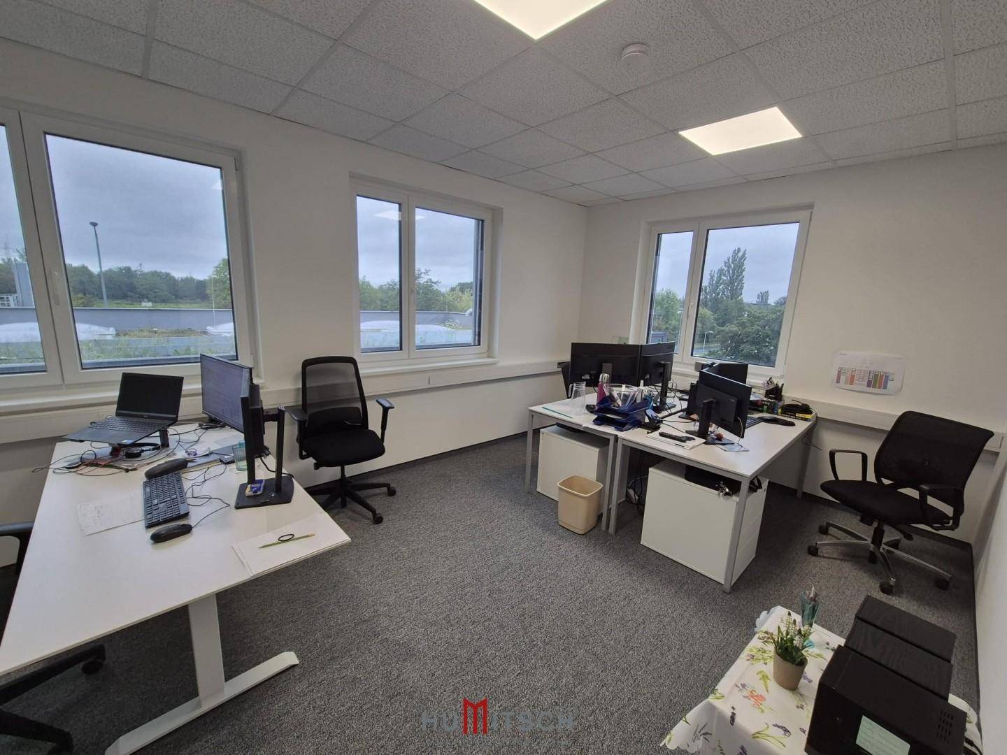 Büro mit zwei Arbeitsplätzen, Teppichboden und großen Fenstern mit Blick auf die Umgebung.