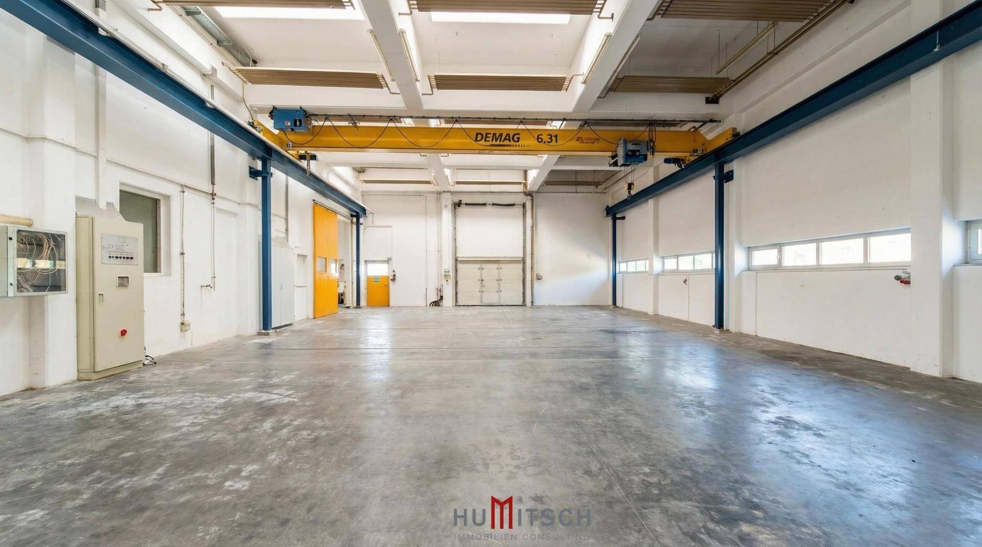 Helle Lagerhalle mit Krananlage, Betonboden und Rolltor, bereit für industrielle Nutzung.