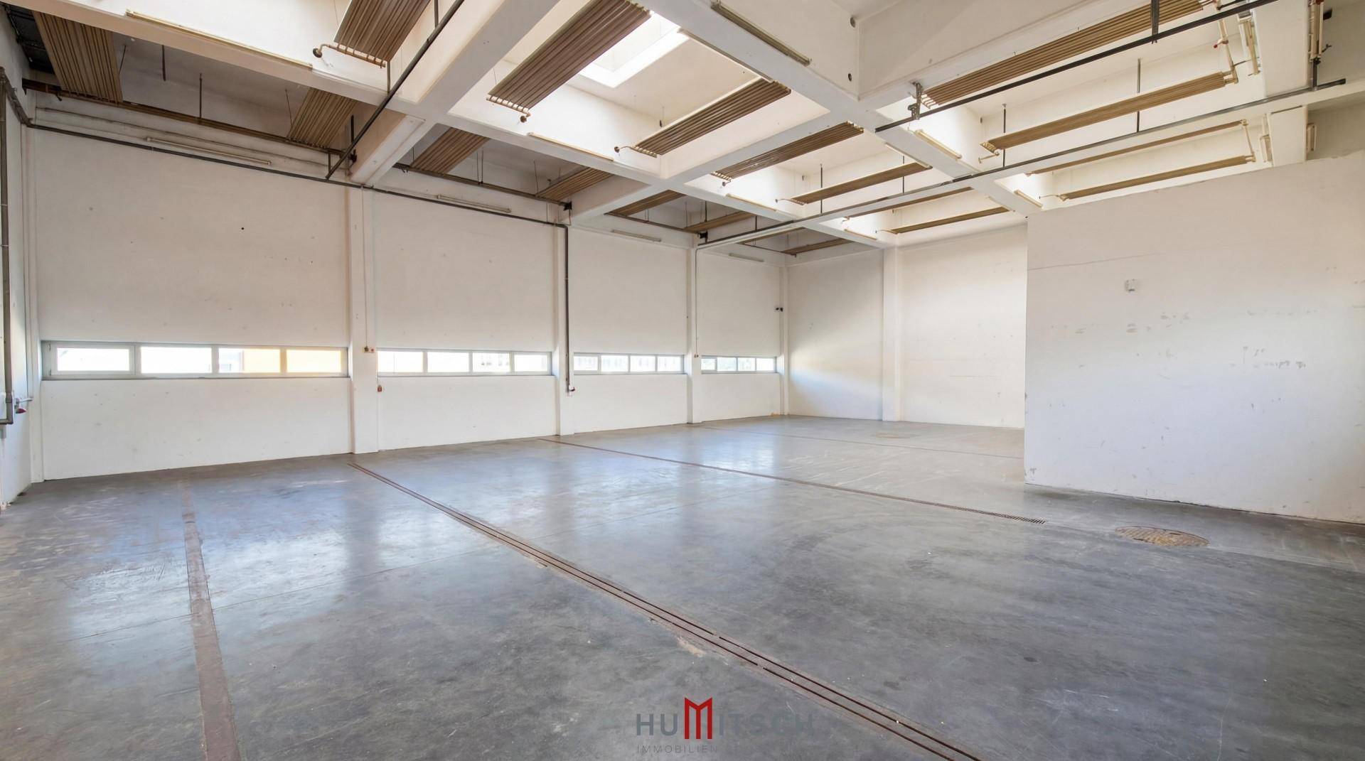 Geräumige Lagerhalle mit hohen Decken, Betonboden und Oberlichtern für natürliches Licht.