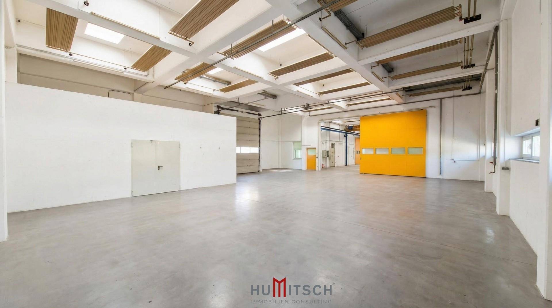 Weitläufige Lagerhalle mit mehreren Rolltoren und Betonboden, bietet vielseitige Nutzungsmöglichkeiten.