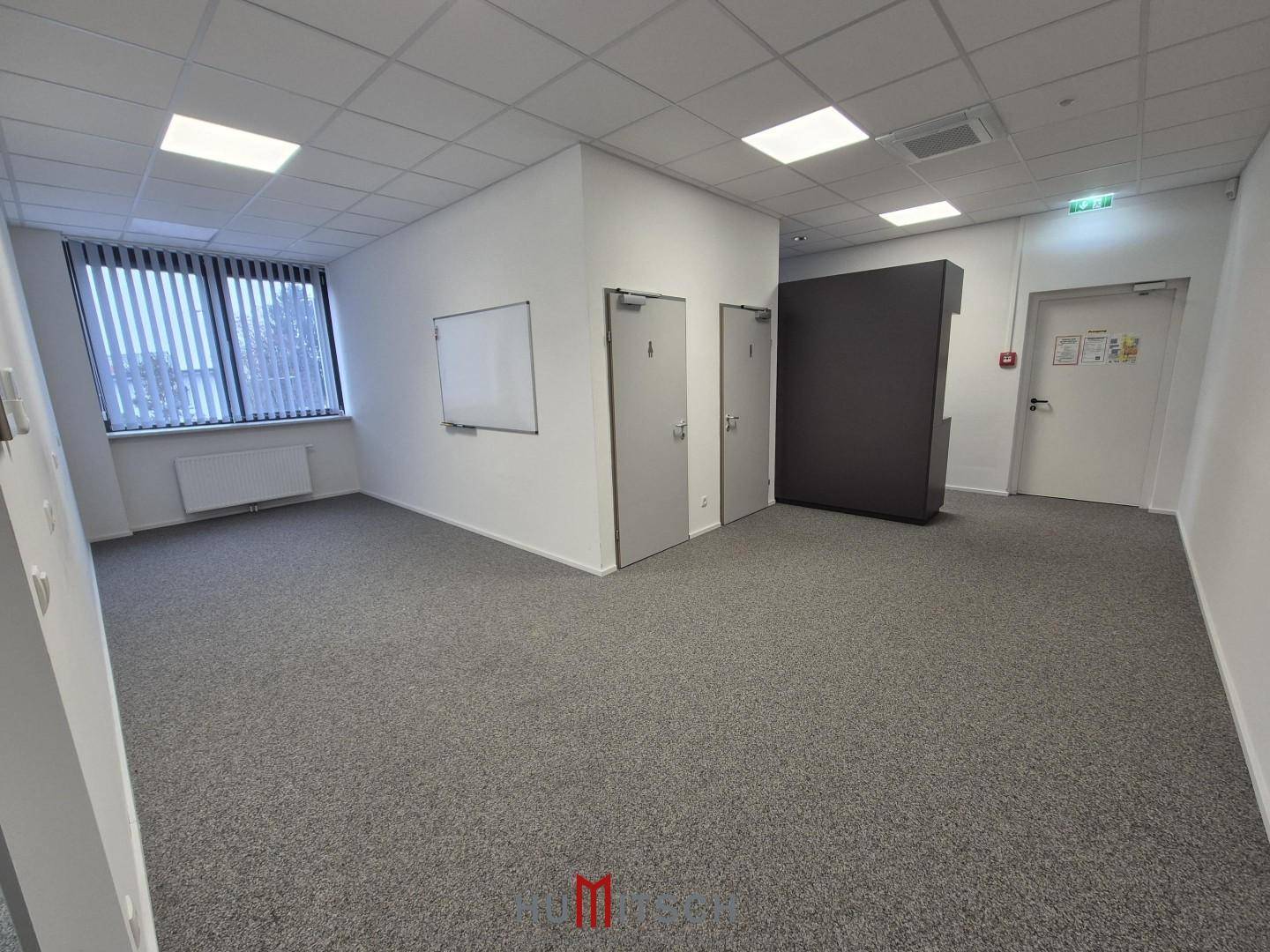 Büroraum mit Teppichboden, Fensterfront, Whiteboard und zwei Türen, möglicherweise zu Toiletten.
