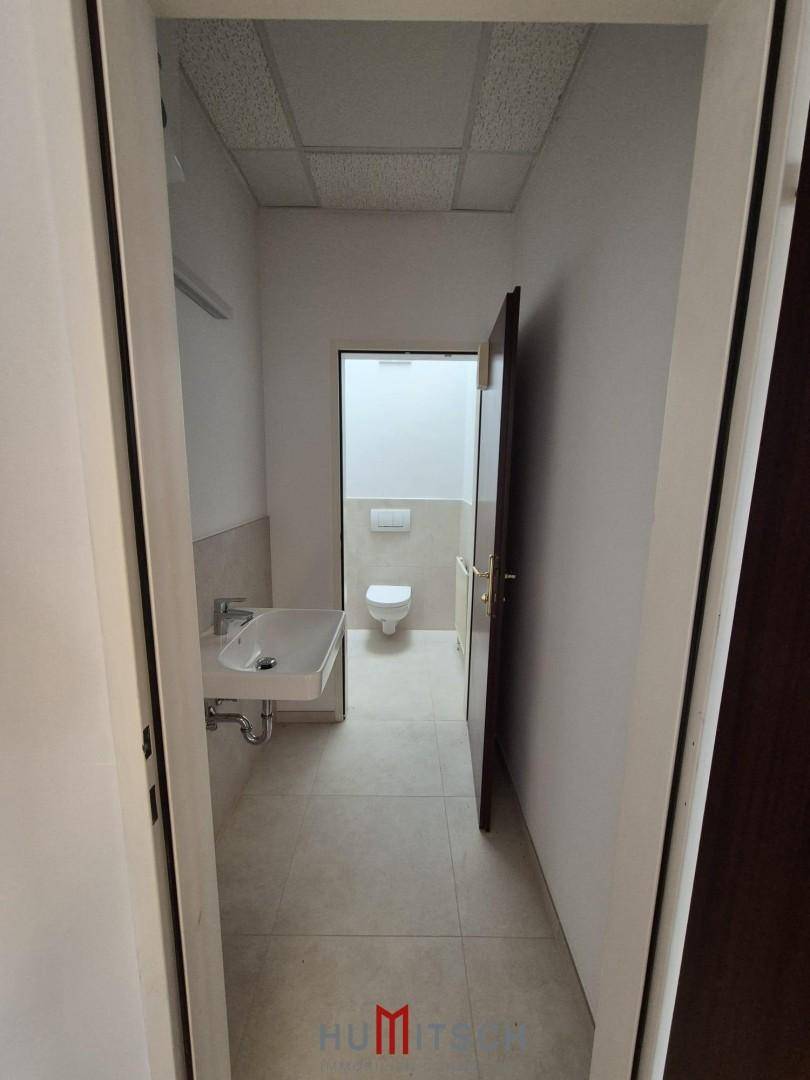 Heller und gepflegter Toilettenraum mit modernem Design, Wand-WC und einem schwebenden Waschbecken.