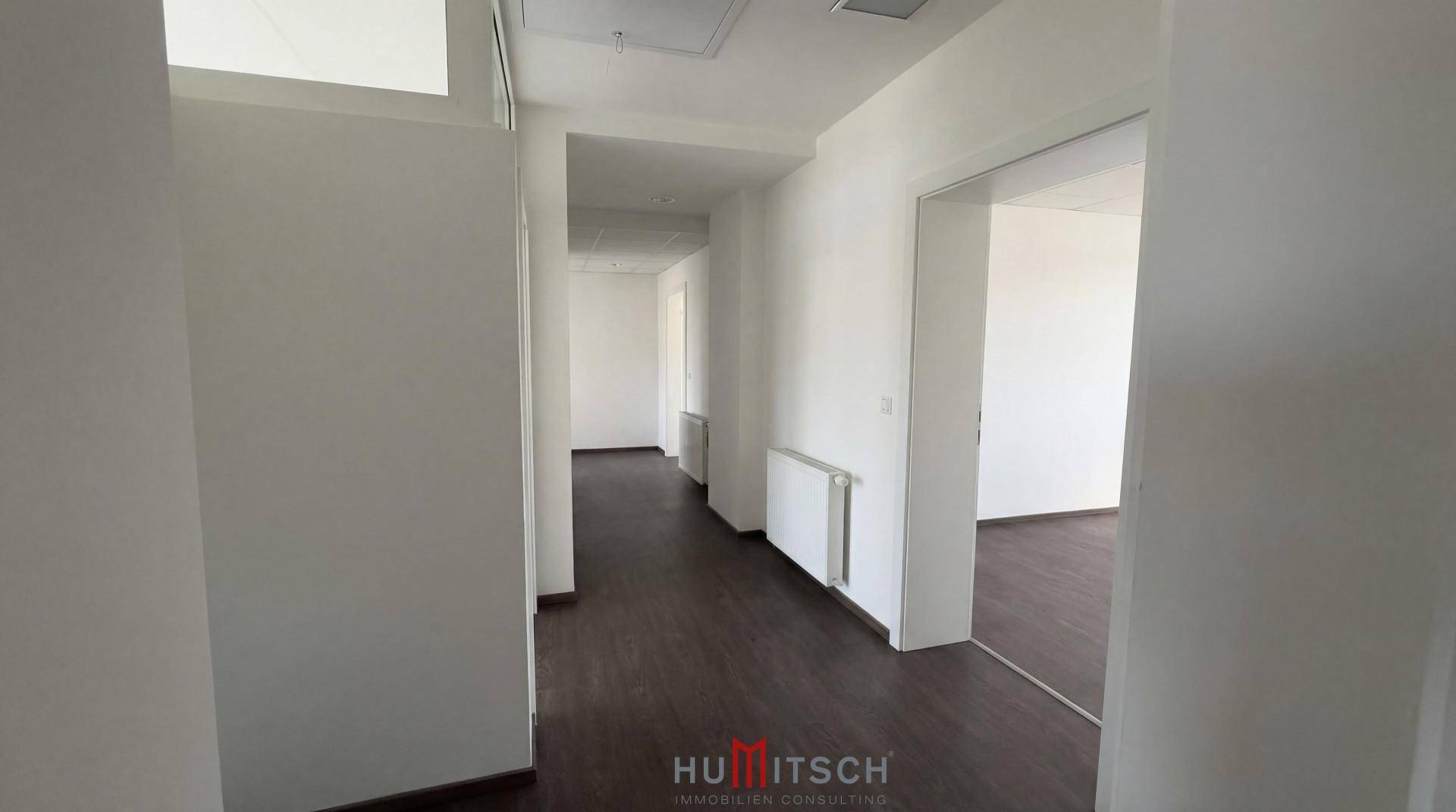 Heller Flur mit dunklem Laminatboden und weißen Wänden, der zu verschiedenen Büroräumen führt.