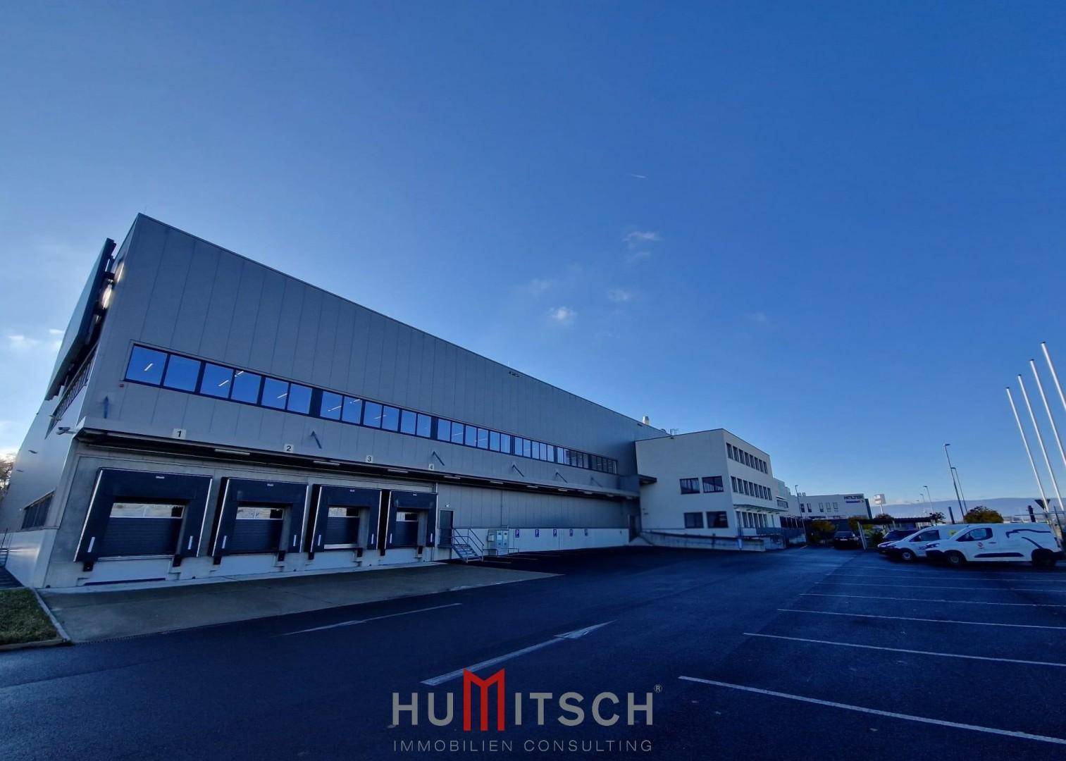 Weitläufiges Industriegebäude mit vielen Laderampen und angrenzendem Parkplatz unter strahlend blauem Himmel.