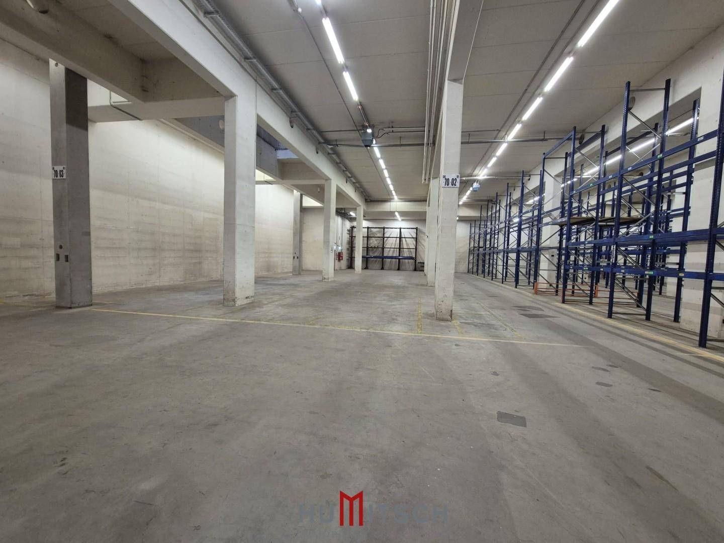 Geräumige Lagerhalle mit Betonpfeilern und blauen Regalsystemen im Hintergrund.