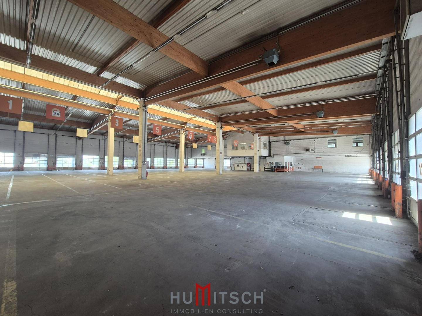 Weitläufige Lagerhalle mit vielen Rolltoren, hohen Decken und natürlichem Lichteinfall.