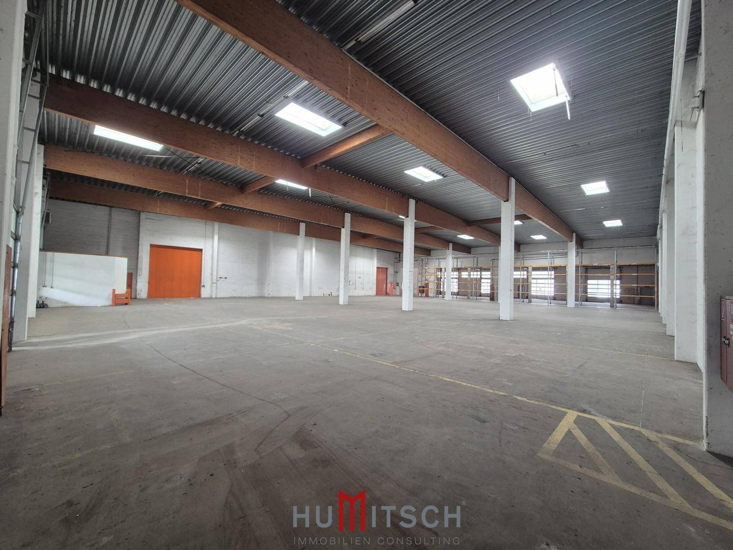 Helle Lagerhalle mit hohen Decken, großen Rolltoren und sichtbaren Holzträgern.
