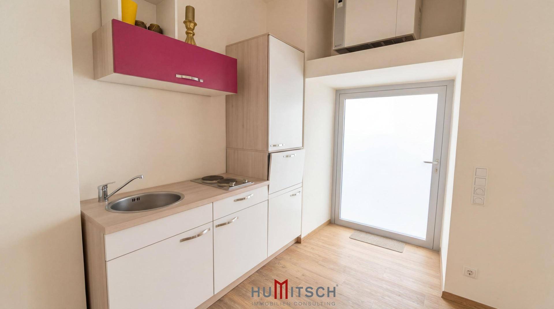 Kleine Küchenzeile mit Spüle, Kochfeld und integriertem Kühlschrank, daneben eine Tür nach draußen.
