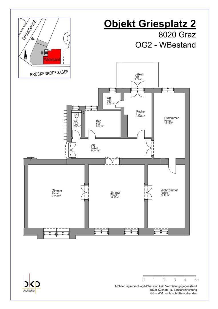 Grundriss der Wohnung mit Balkon, Küche, Bad und mehreren Zimmern in Graz.