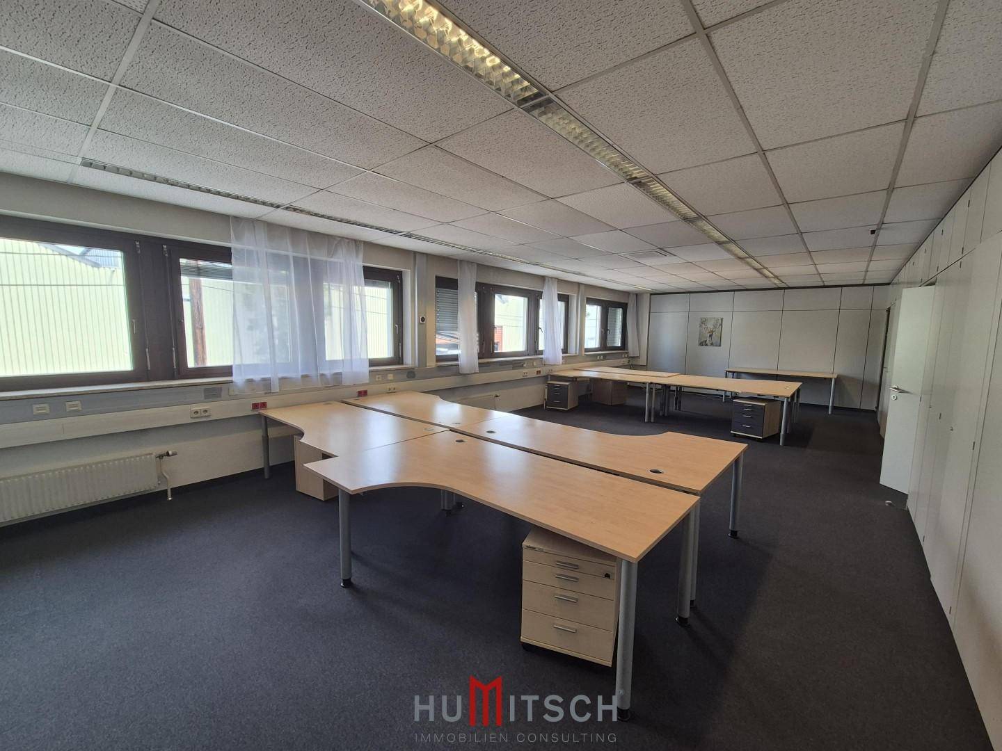 Geräumiges Großraumbüro mit zahlreichen Arbeitsplätzen, dunklem Teppichboden und vielen Fenstern für Tageslicht.