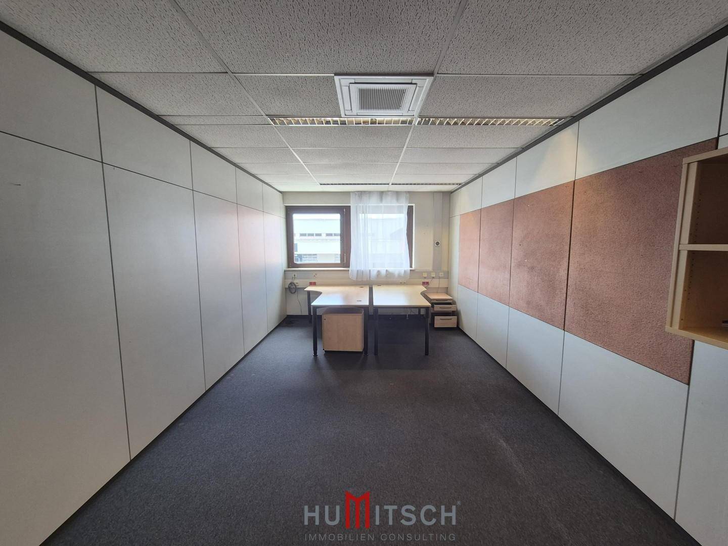 Büro mit dunklem Teppichboden, getäfelten Wänden und einem Fenster, ausgestattet mit zwei Schreibtischen.
