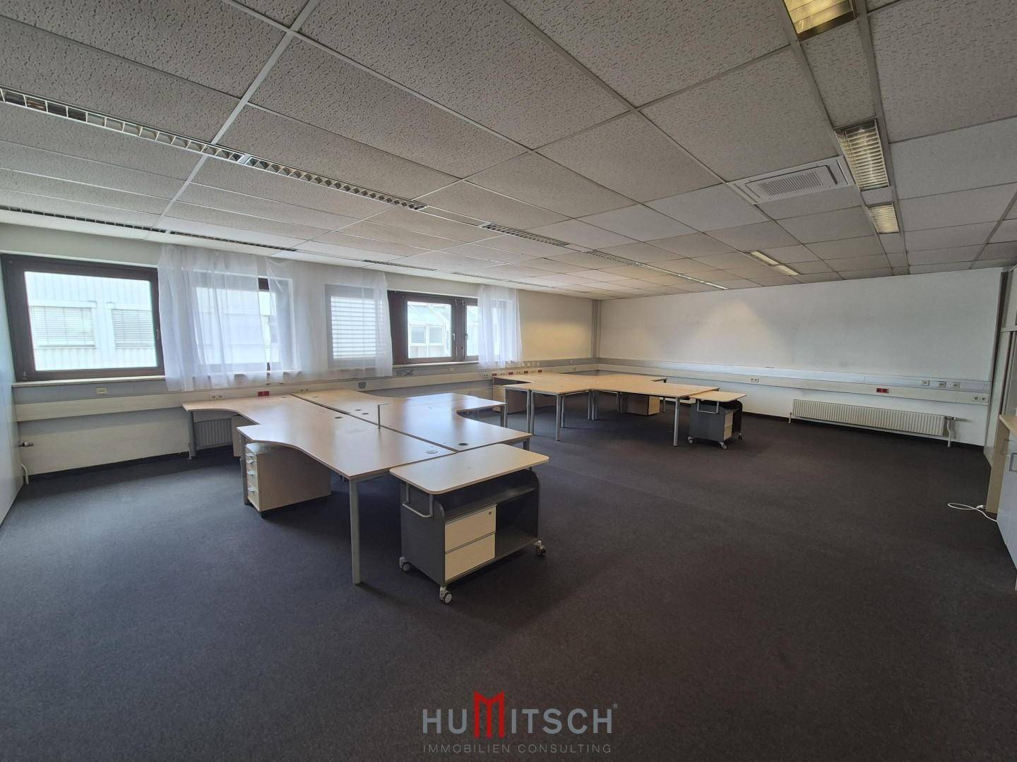 Weitläufiges Büro mit Teppichboden, abgehängter Decke und mehreren Schreibtischen in einer offenen Anordnung.