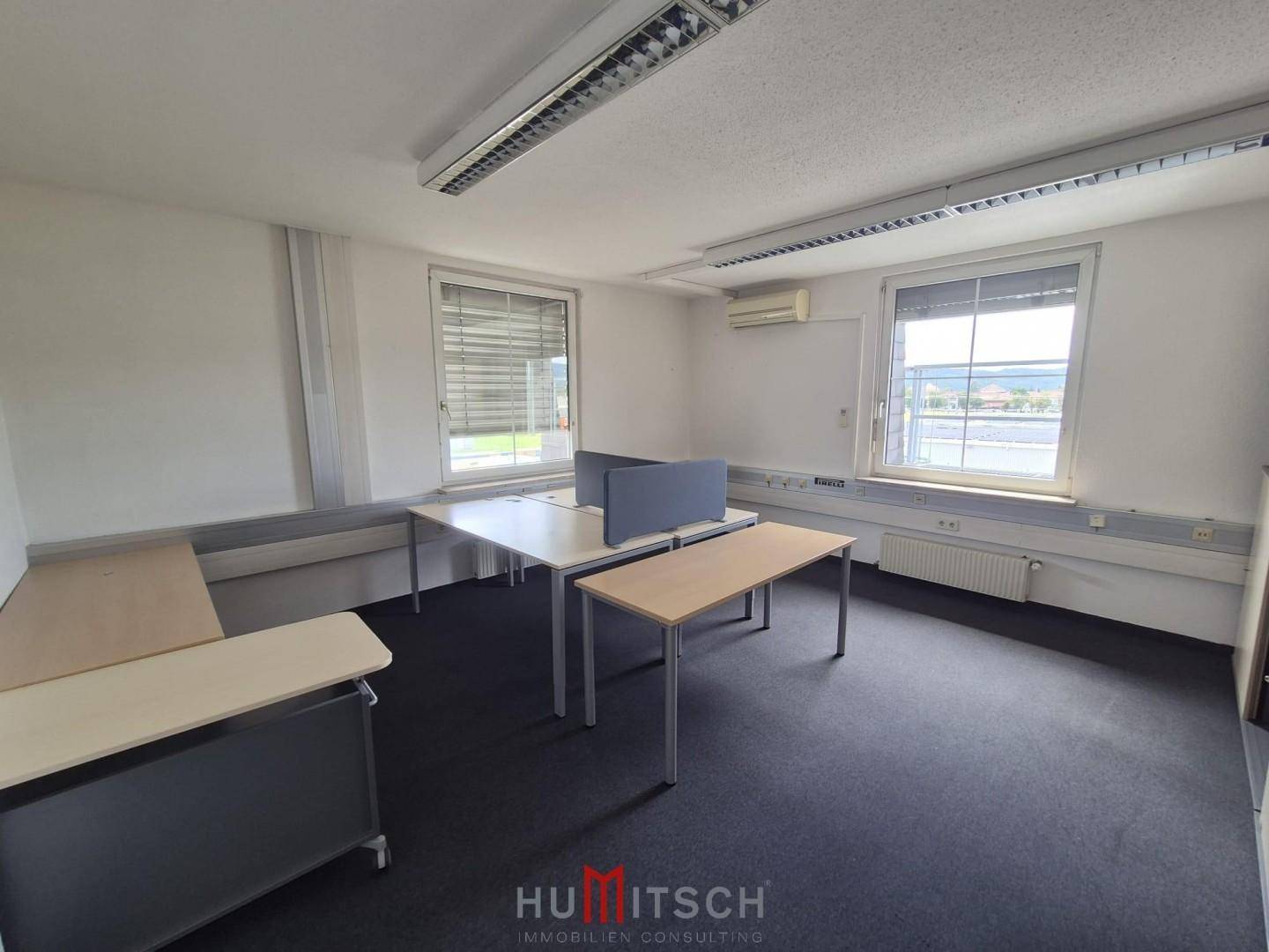 Büro mit Teppichboden, zwei Fenstern mit Jalousien und mehreren Schreibtischen für Arbeitsplätze.