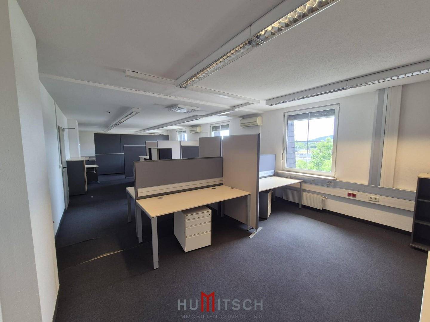 Großes, offenes Büro mit mehreren Arbeitsplätzen, Teppichboden und Fenstern mit Jalousien.