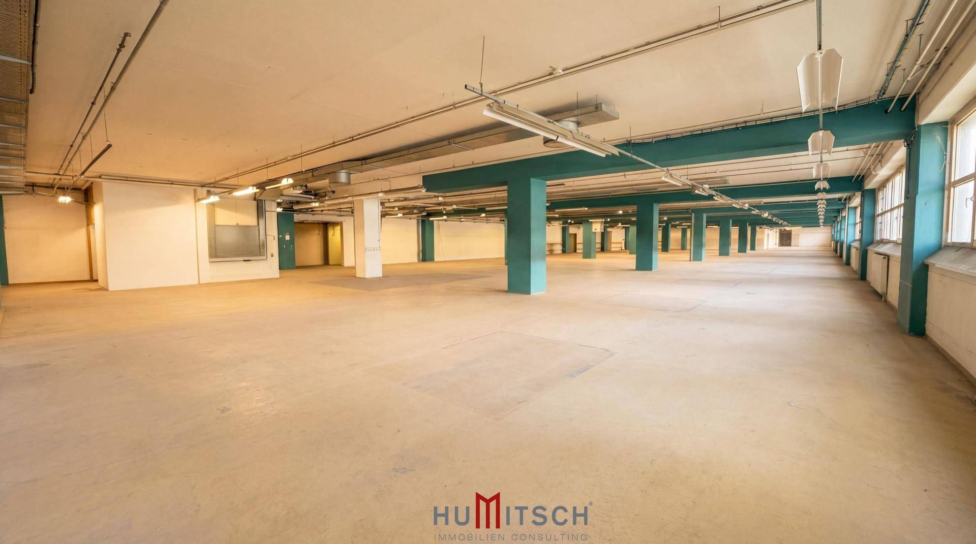 Geräumiger Gewerberaum mit markanten blauen Trägern und Säulen sowie industrieller Deckeninstallation.