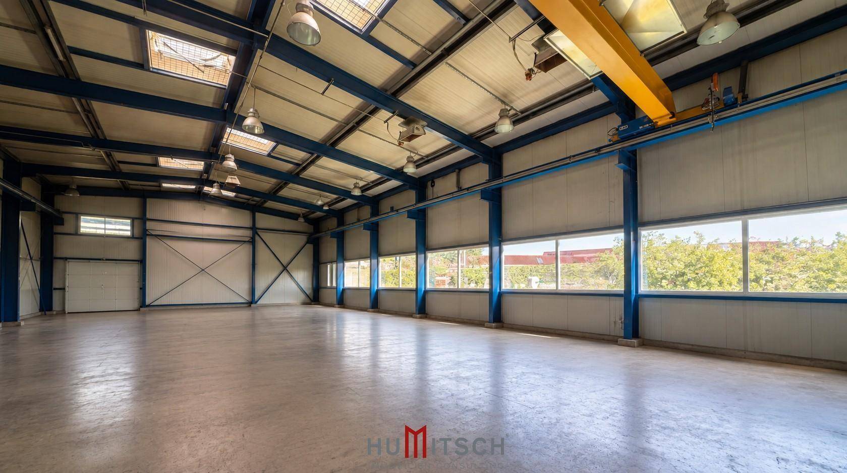 Geräumige, leere Lagerhalle mit hohen Decken, Oberlichtern und großen Fenstern.