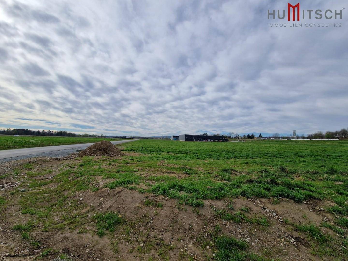Weitläufiges grünes Feld mit Erdhügeln und einer Straße, umgeben von einer ländlichen Landschaft.