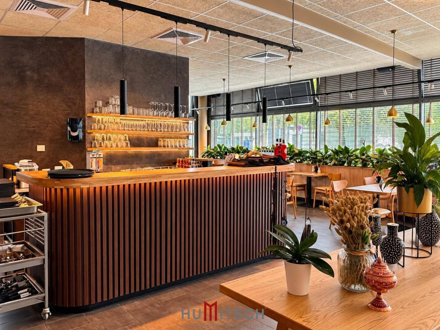 Elegante Bar mit Holzverkleidung, Regalen für Gläser und einer ansprechenden Dekoration mit Pflanzen.