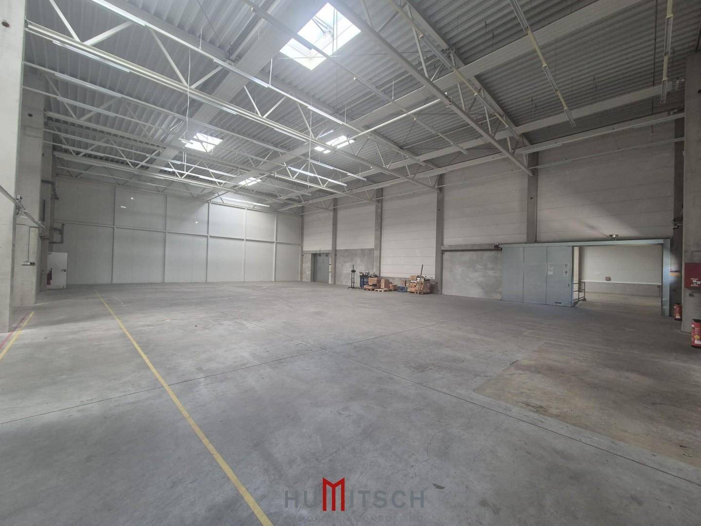 Weitläufige, leere Lagerhalle mit Betonboden, hohen Decken und Oberlichtern für Tageslicht.