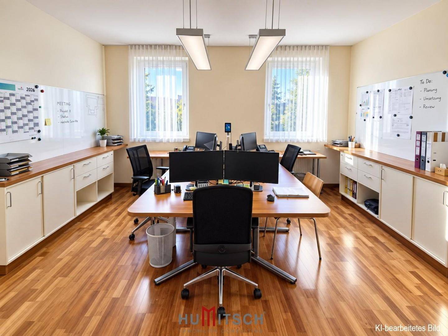 Helles Büro mit Holzboden, zwei Arbeitsplätzen und weißen Schränken entlang der Wände.