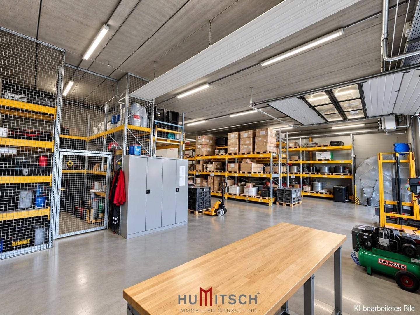 Geräumiges Lager mit hohen Regalen, Betonboden und verschiedenen Materialien und Geräten.