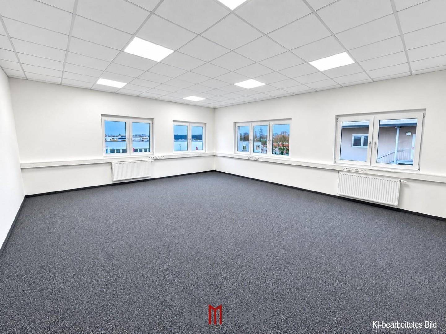Geräumiges, leeres Büro mit Teppichboden, mehreren Fenstern und weißer Decke.