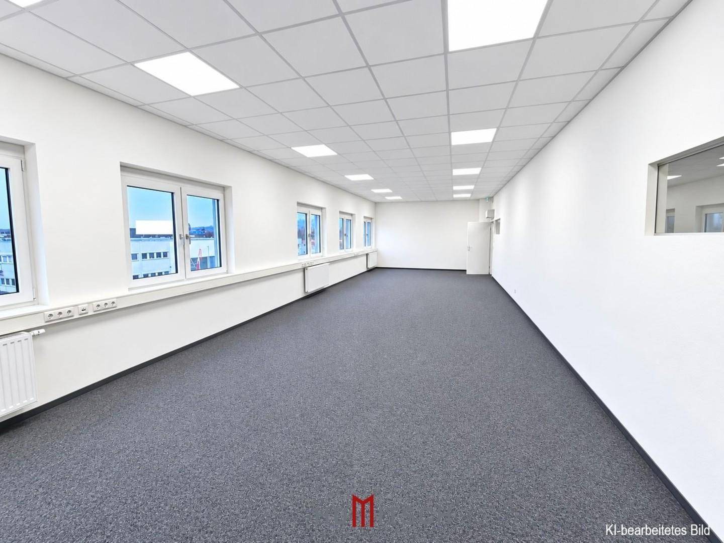 Großes, helles Büro mit Teppichboden, vielen Fenstern und Blick nach draußen.
