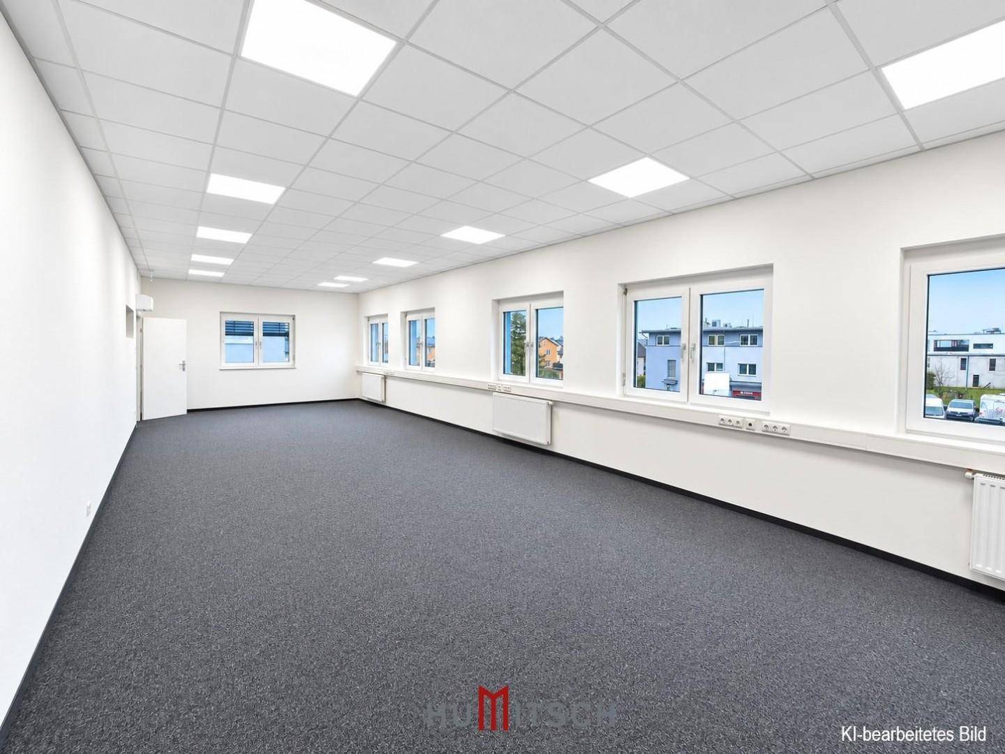Helles, leeres Büro mit Teppichboden, vielen Fenstern und abgehängter Decke.