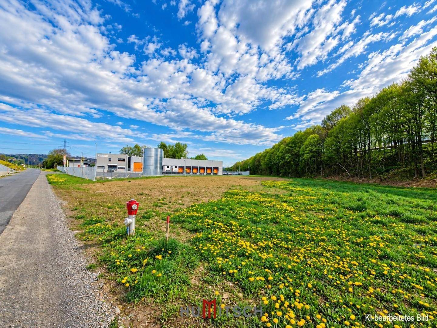 Feld mit gelben Blumen und einem Hydranten neben einer Straße, mit Industriegebäuden und Wald im Hintergrund.