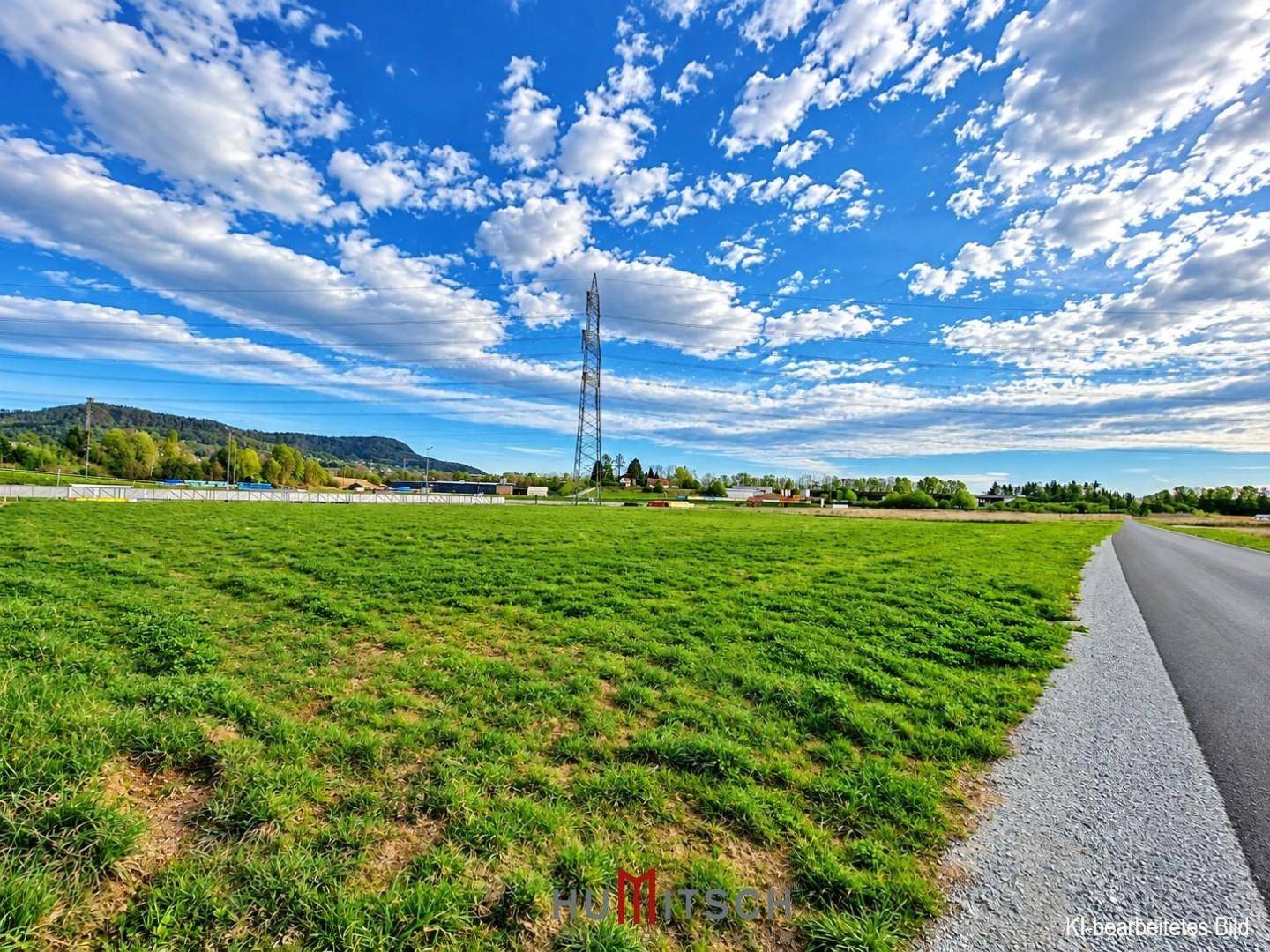 Weite grüne Fläche neben einer Straße mit einem Strommast und Bergen im Hintergrund.
