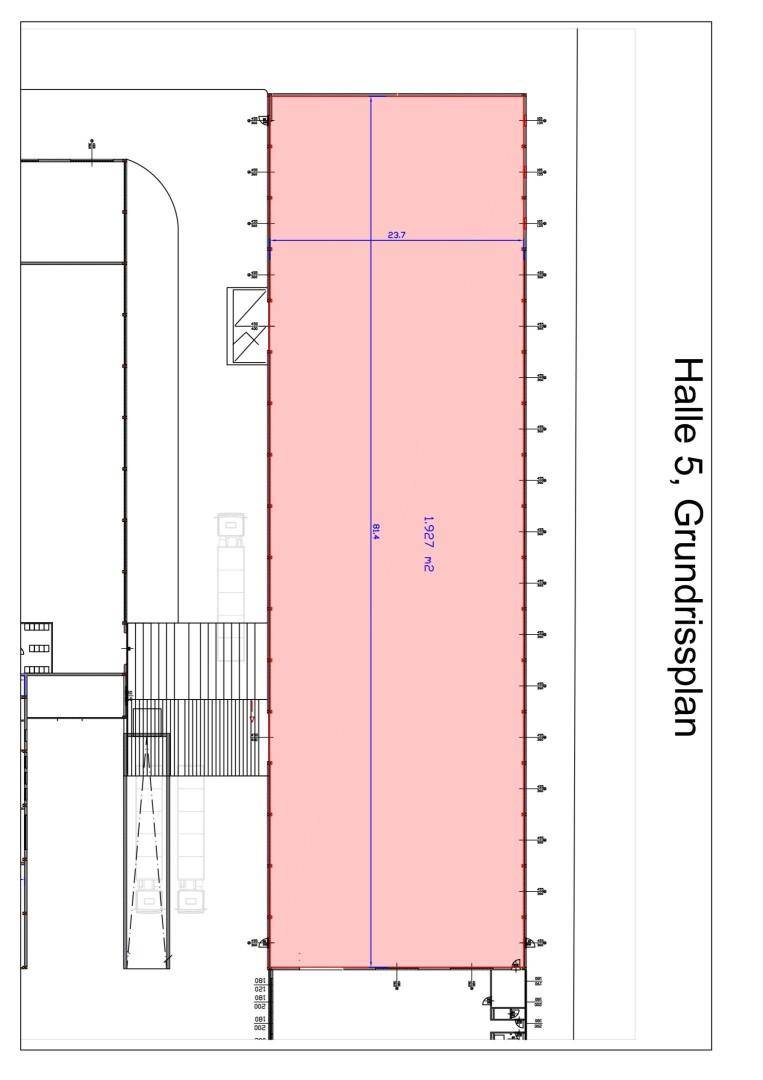 Grundrissplan der Halle 5 mit einer Gesamtfläche von 1927 m² und klaren Abmessungen.