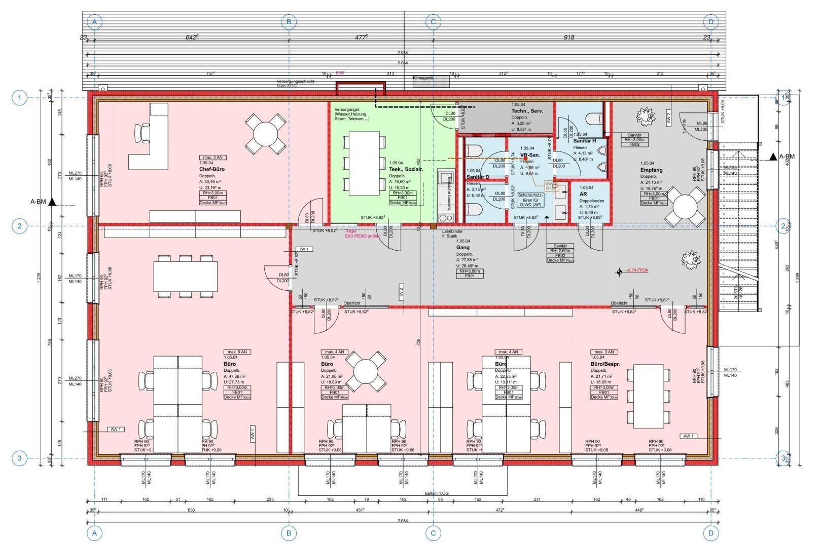 Detaillierter Grundriss eines Gewerbegebäudes mit mehreren Büroeinheiten und Sanitärbereichen.