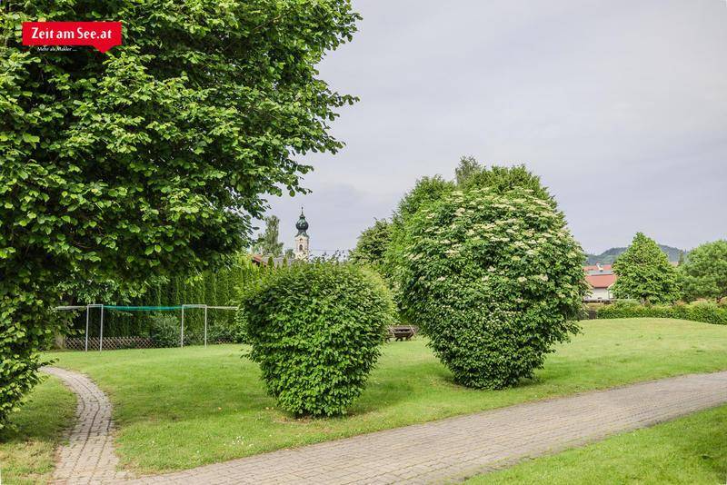 Gepflegter Gemeinschaftsgarten mit Rasenflächen, Bäumen und einem gepflasterten Weg.