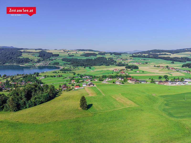 Weitläufige Landschaftsaufnahme mit See, grünen Feldern und vereinzelten Häusern.