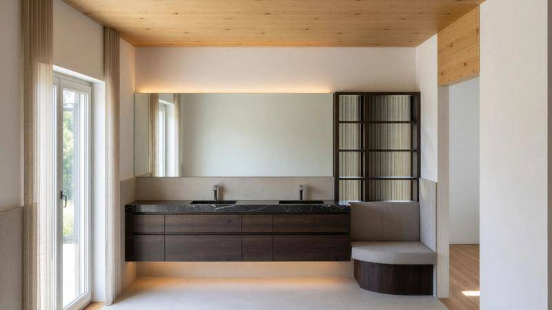 Modernes Badezimmer mit Doppelwaschbecken, großem Spiegel und integrierter Sitzgelegenheit.