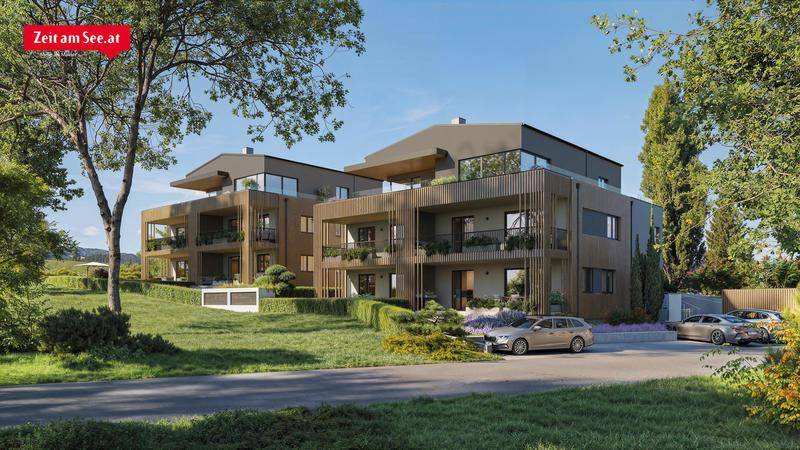Zwei moderne Wohngebäude mit ansprechenden Fassaden und Außenparkplätzen in grüner Umgebung.