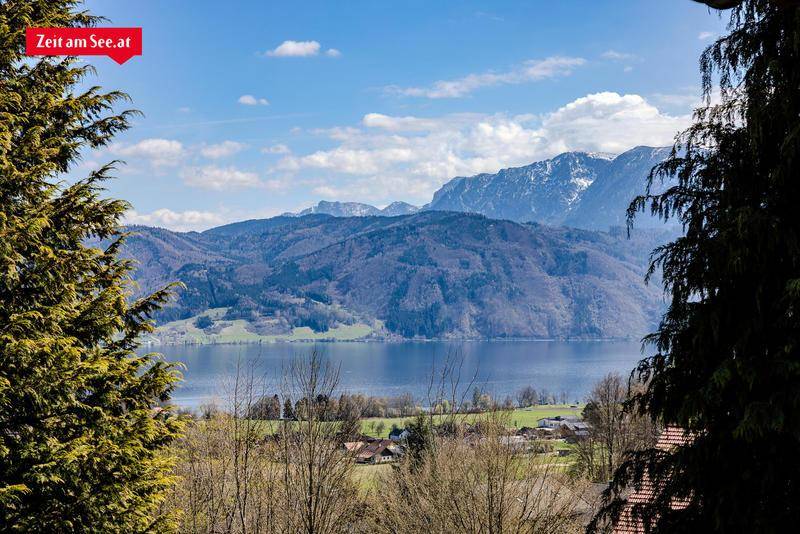 Malerischer Ausblick auf den See und schneebedeckte Berge, umrahmt von grünen Bäumen.