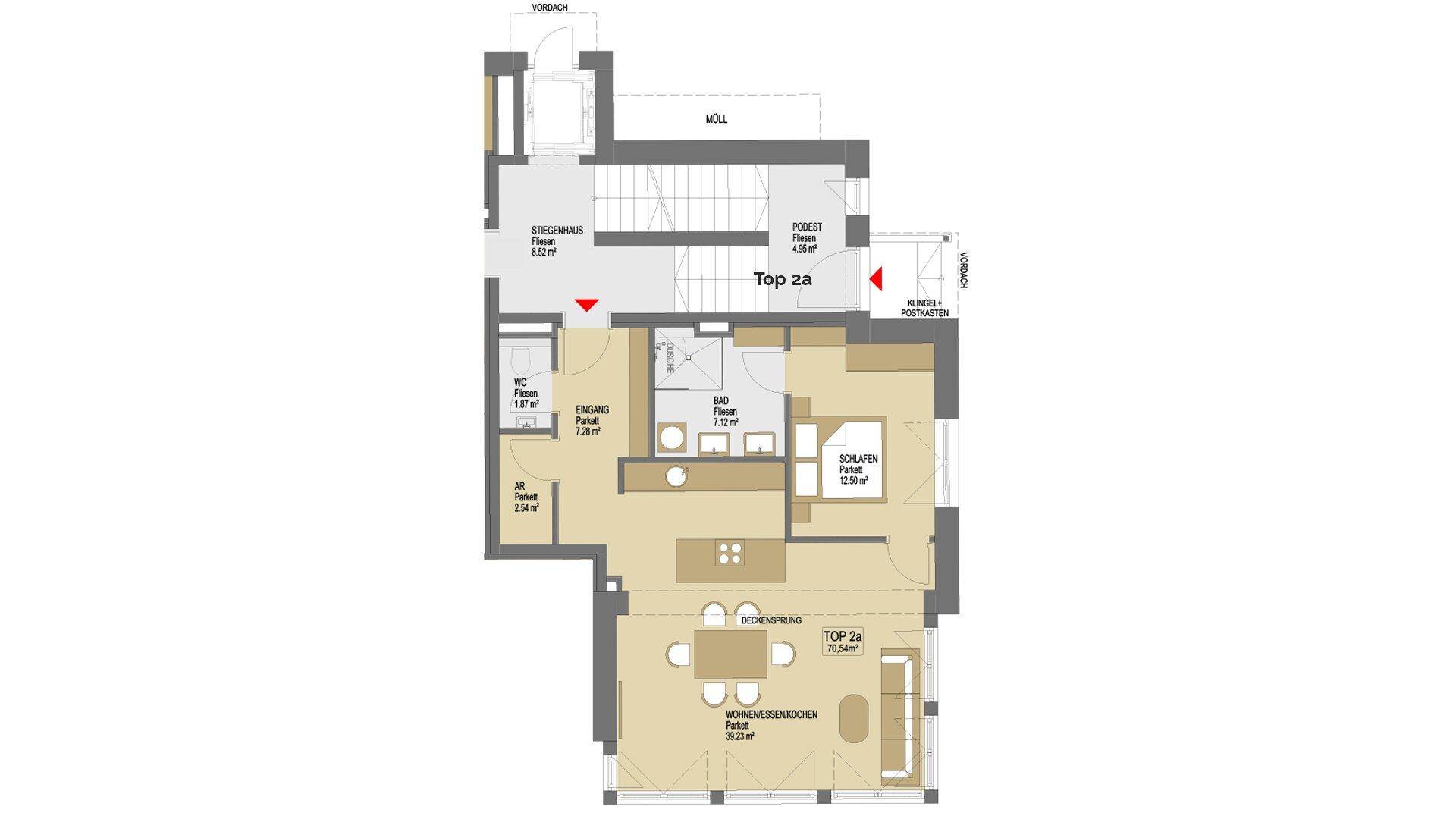 Detaillierter Grundriss der Wohnung Top 2a mit offenem Wohnbereich, Schlafzimmer, Bad und Balkon.
