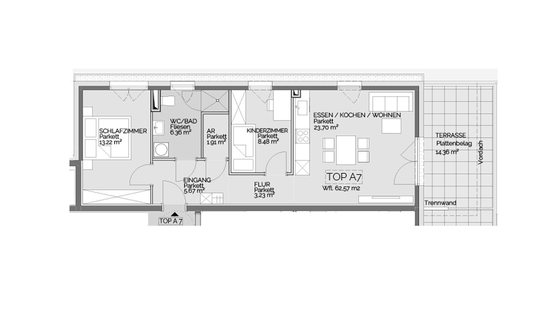 Grundriss einer Wohnung mit Schlafzimmer, Kinderzimmer, offenem Wohnbereich und Terrasse.