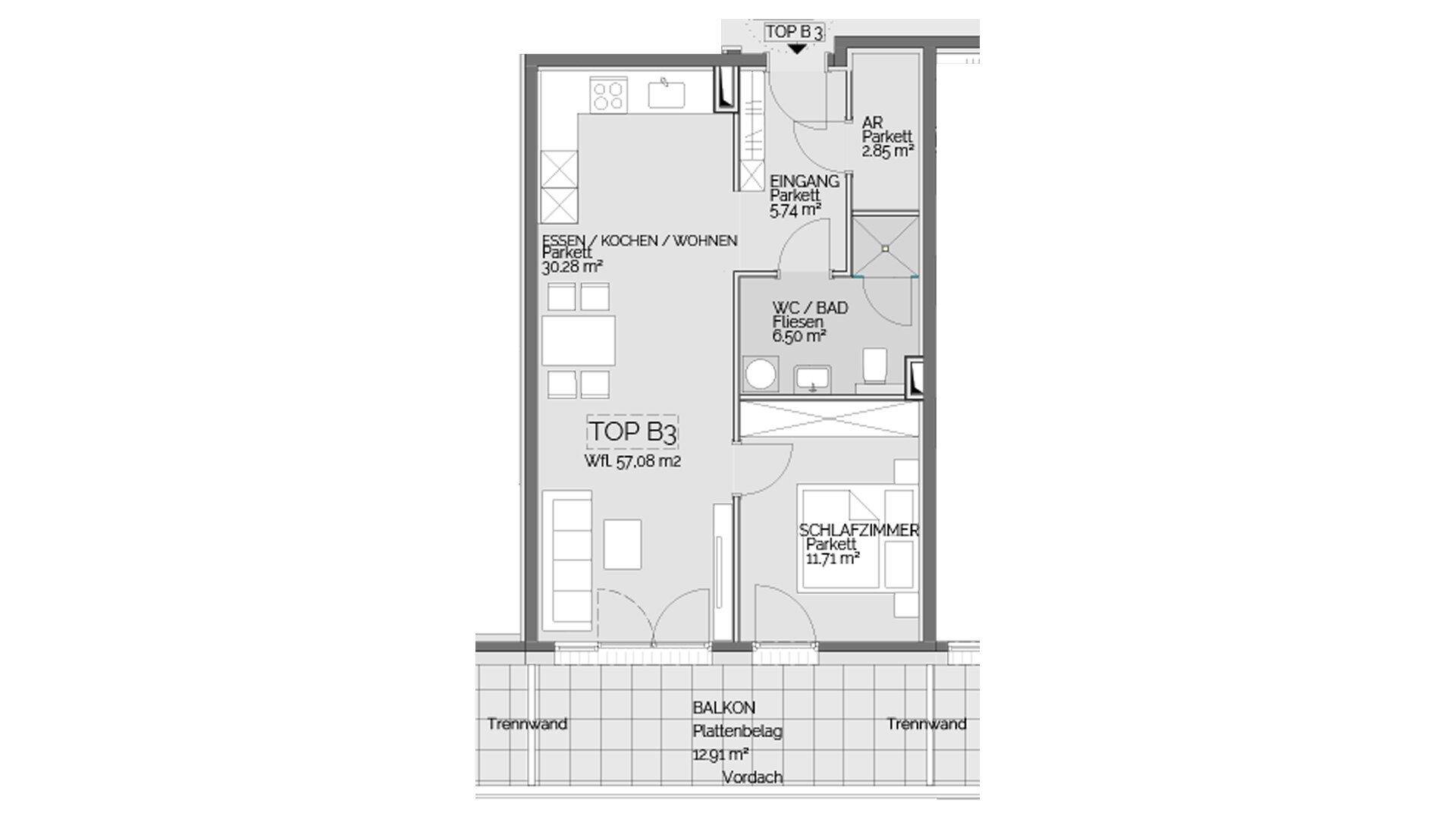 Grundriss der Wohnung TOP B3 mit offenem Wohnbereich, Schlafzimmer, Bad und Balkon.